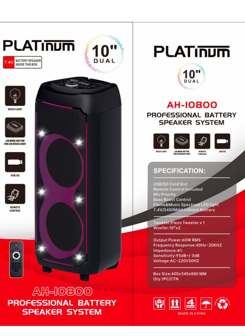Platinum - Professional Battery Powered Speaker System, 10" Deep Bass Boost Control, 7.4V/5400mAh Lithium Battery, Bluetooth, SD Card Slot, USB Port, Remote Control, 60W RMS Flame & Music Spectrum LED light , AH-10800 - Image 1