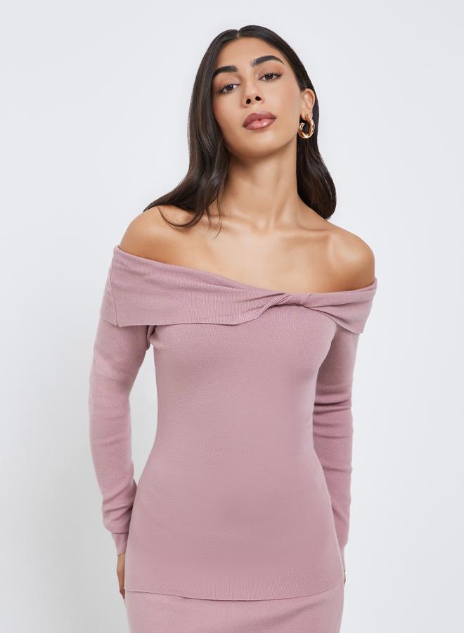 Styli Pink Plain Off Shoulder Knit Top With Twist Detail - Image 3
