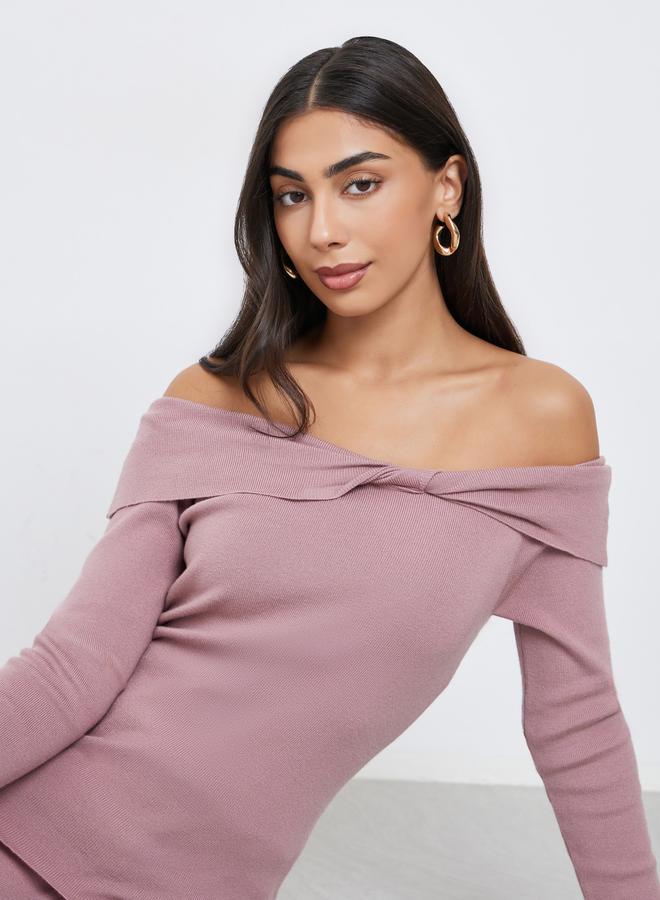 Styli Pink Plain Off Shoulder Knit Top With Twist Detail - Image 1