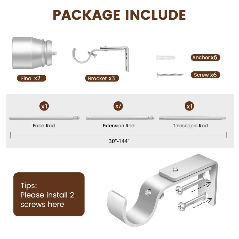 Hradecti 1â€ Diameter Curtain Rods Itself is 30 to144 inch 1 Pack Fit 30-142 inch, 66 to 120 inch Window with Heavy Duty Adjustable Rod Curtain Splicing Silver Extra Long Curtain Rod for Windows - Image 2