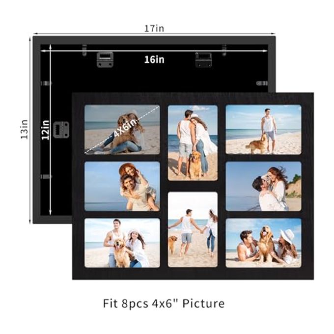 YESKAY 4x6 Collage Picture Frame 8 Opening 4 x 6 Photo Frames Display,Multiple Family Photo Collage Frames with Real Glass for Wall Decor,Rustic Black 1 Pack(OD:13X17in) - Image 2