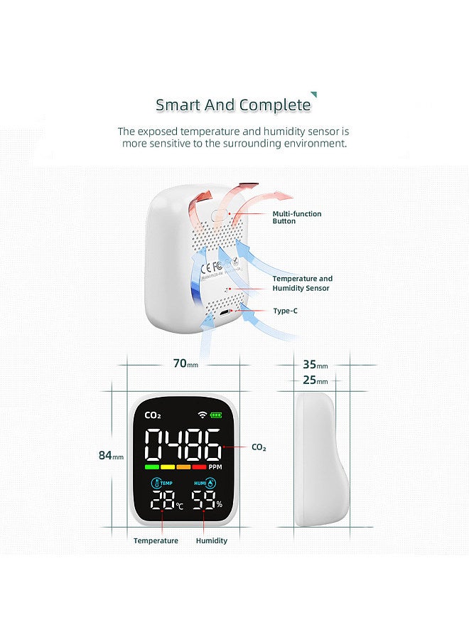 PV28-AW Smart WIFI Mini CO2 Detector, Portable 3-in-1 Indoor Air Quality Monitor, Digital CO2 Temperature Humidity Meter Monitor Carbon Dioxide Detector Measuring Range 400-5000 PPM CO2 Tester
