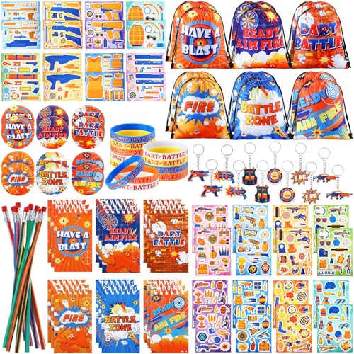Vertintong 110 Pcs Dart Battle Party Favors Back to School Gifts Includes Dart Party Favor Bags Silicone Wristbands Badges Notebook Keychain Stickers Bendable Pencil for Birthday - Image 1