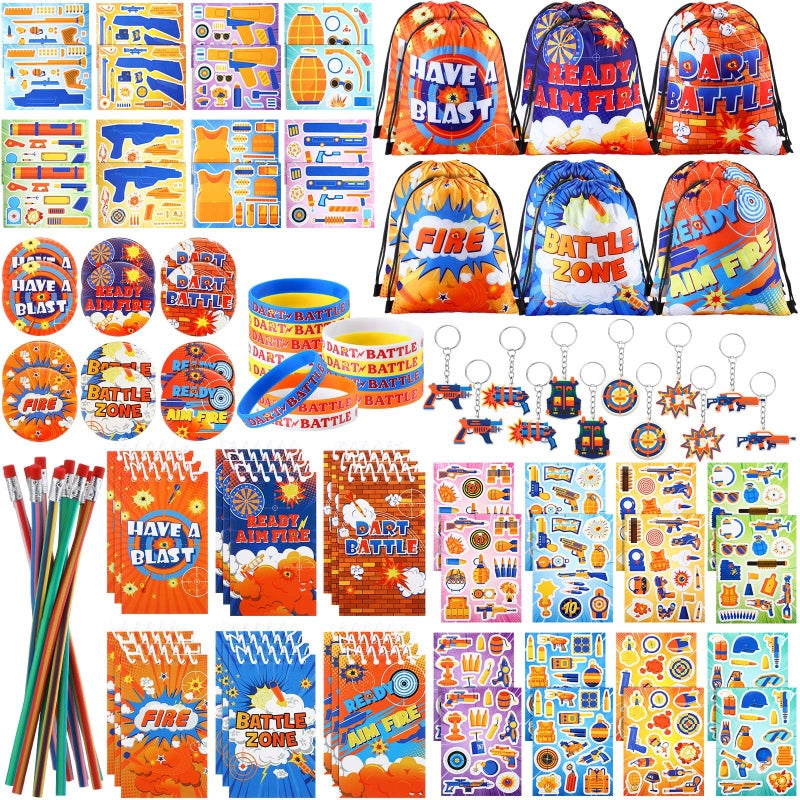 Vertintong 110 Pcs Dart Battle Party Favors Back to School Gifts Includes Dart Party Favor Bags Silicone Wristbands Badges Notebook Keychain Stickers Bendable Pencil for Birthday - Image 3