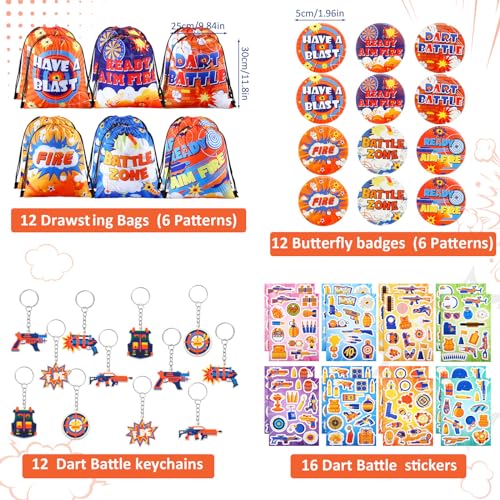 Vertintong 110 Pcs Dart Battle Party Favors Back to School Gifts Includes Dart Party Favor Bags Silicone Wristbands Badges Notebook Keychain Stickers Bendable Pencil for Birthday - Image 5