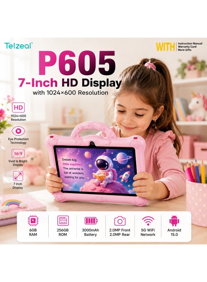 Telzeal تابلت تيلزيال P605 للأطفال 7 بوصة، أندرويد 15، 6GB رام 256GB روم، شاشة HD 1024×600، بطارية 3000mAh، كاميرتان مزدوجتان، واي فاي 5G، جراب EVA مقاوم للصدمات ثلاثي الأبعاد مع مقبض، وردي - Image 2