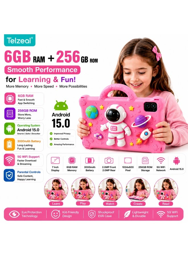 Telzeal تابلت تيلزيال P605 للأطفال 7 بوصة، أندرويد 15، 6GB رام 256GB روم، شاشة HD 1024×600، بطارية 3000mAh، كاميرتان مزدوجتان، واي فاي 5G، جراب EVA مقاوم للصدمات ثلاثي الأبعاد مع مقبض، وردي - Image 4