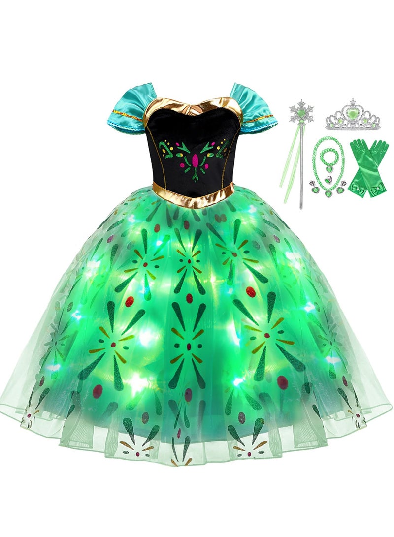 Children's Princess Dress with LED Lights with Wig and Jewelry Set,Girl Cosplay Birthday Party Gown,Comfortable and Beautiful,Green - Image 1