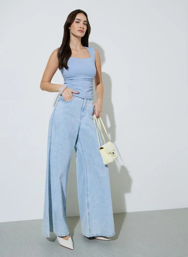 ستايلي Blue Solid Side Ruched Padded Knit Top