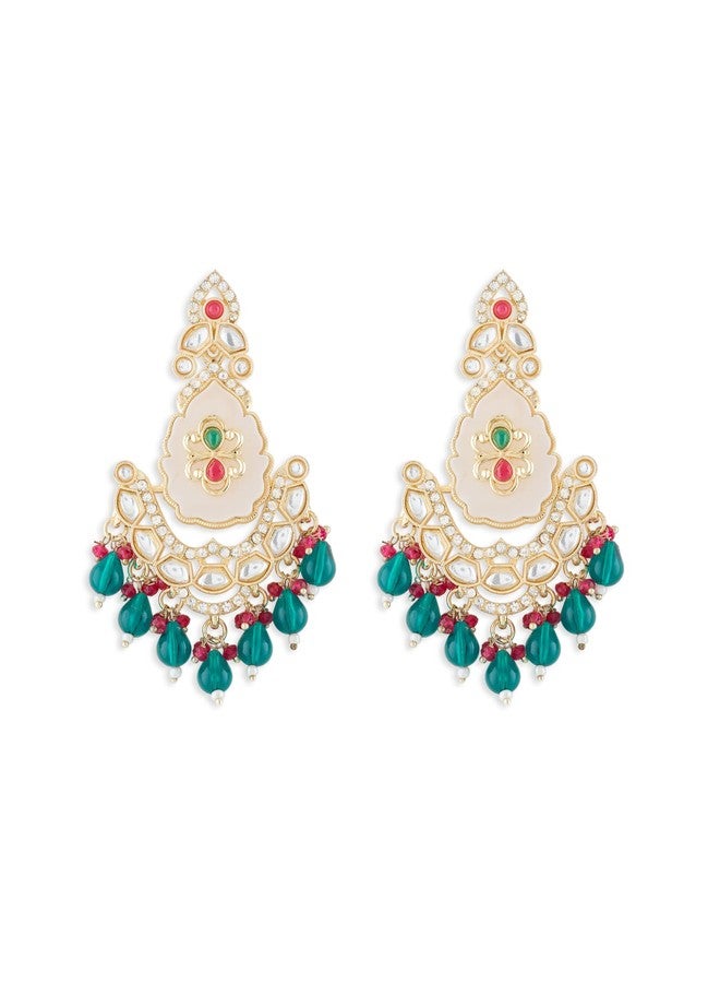 Zaveri Pearls أقراط متدلية تقليدية مزينة بخرز وأحجار خضراء ووردية من زافيري بيرلز للنساء - ZPFK21958 - Image 1