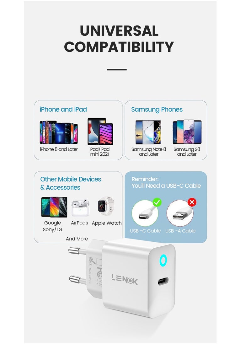 LENOK - wall charger 20 w, USB-C Charger, Fast Charging USB-C Power Supply Compatible with Samsung Galaxy S23 S22 S21, iPhone 15/14/13/12 Pro Max Plus etc - Image 1