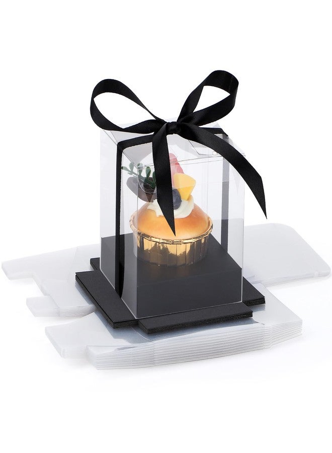 EUSOAR Clear Cupcake Boxes, 12pcs 3.5 Inch Plastic Individual Cupcake Containers Holder Storage for Cake, Single Transparent Cupcake Carrier with Ribbon and Inserts for Wedding Party-Black - Image 1