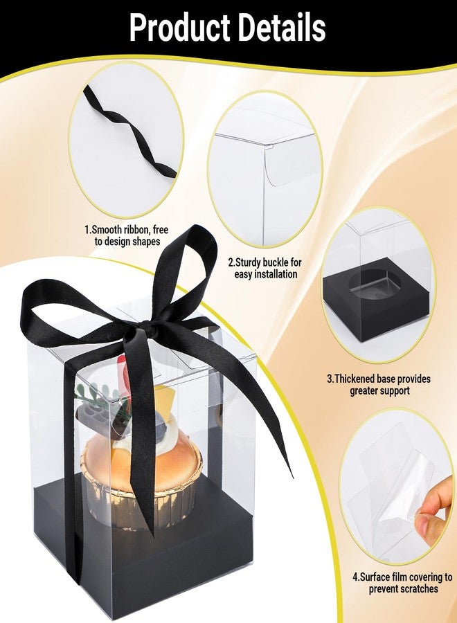 EUSOAR Clear Cupcake Boxes, 12pcs 3.5 Inch Plastic Individual Cupcake Containers Holder Storage for Cake, Single Transparent Cupcake Carrier with Ribbon and Inserts for Wedding Party-Black - Image 3