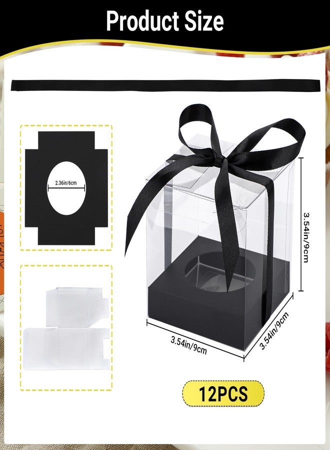 EUSOAR Clear Cupcake Boxes, 12pcs 3.5 Inch Plastic Individual Cupcake Containers Holder Storage for Cake, Single Transparent Cupcake Carrier with Ribbon and Inserts for Wedding Party-Black - Image 2