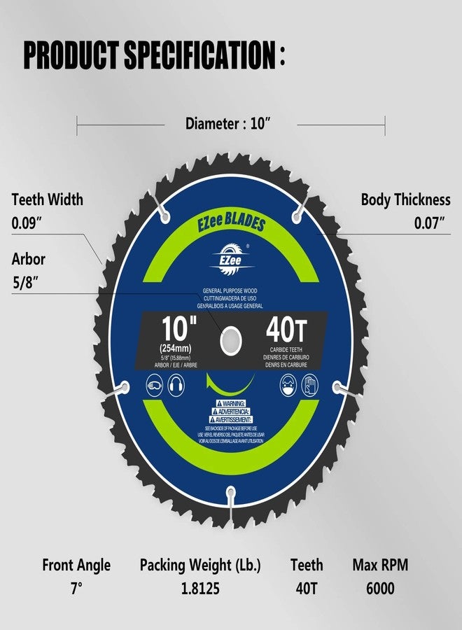 EZee 10 Inch 40 Teeth with 5/8 Inch Arbor Circular Saw Blades,0.09 Inch Thin Kerf,Tungsten Carbide Tipped(TCT) ATB Teeth Fine Finish Table Saw Blades for Various Wood Cutting,Max RPM 6000(1-Pack) - Image 5