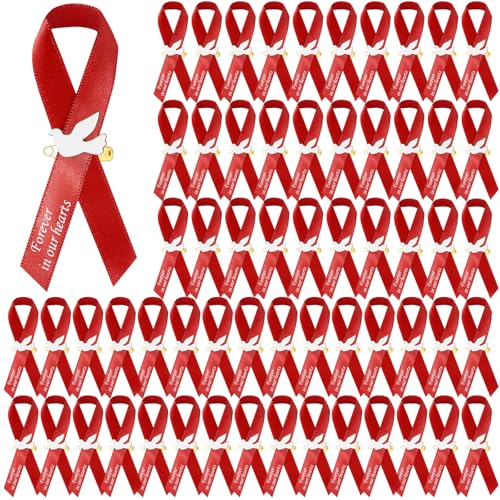 Geosar 50 Pcs Dove Funeral Ribbons Memorial Ribbon Funeral Pins Classic Memorial Service Respect Ribbon Bow with Safety Pins and Dove for Mourning Remembrance Day Event(Red) - Image 1