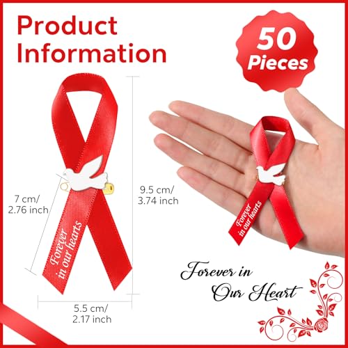 Geosar 50 Pcs Dove Funeral Ribbons Memorial Ribbon Funeral Pins Classic Memorial Service Respect Ribbon Bow with Safety Pins and Dove for Mourning Remembrance Day Event(Red) - Image 2