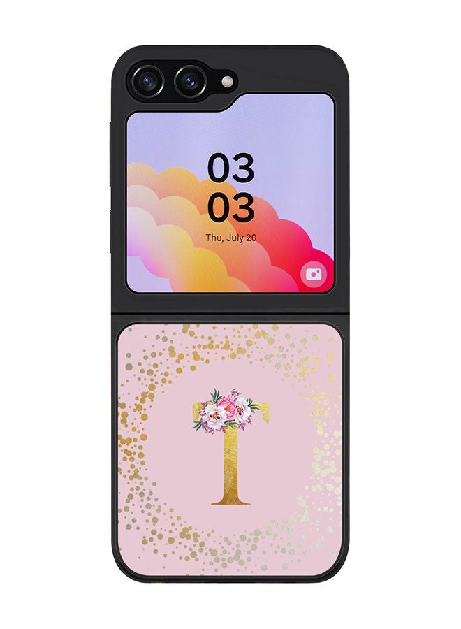 Stylizedd Rugged Black edge case for Samsung Galaxy Z Flip5, Slim fit Soft Case Flexible Rubber Edges Anti Drop TPU Gel Thin Cover -  Custom Monogram Initial Letter Floral Pattern Alphabet - T  (Pink ) - Image 1