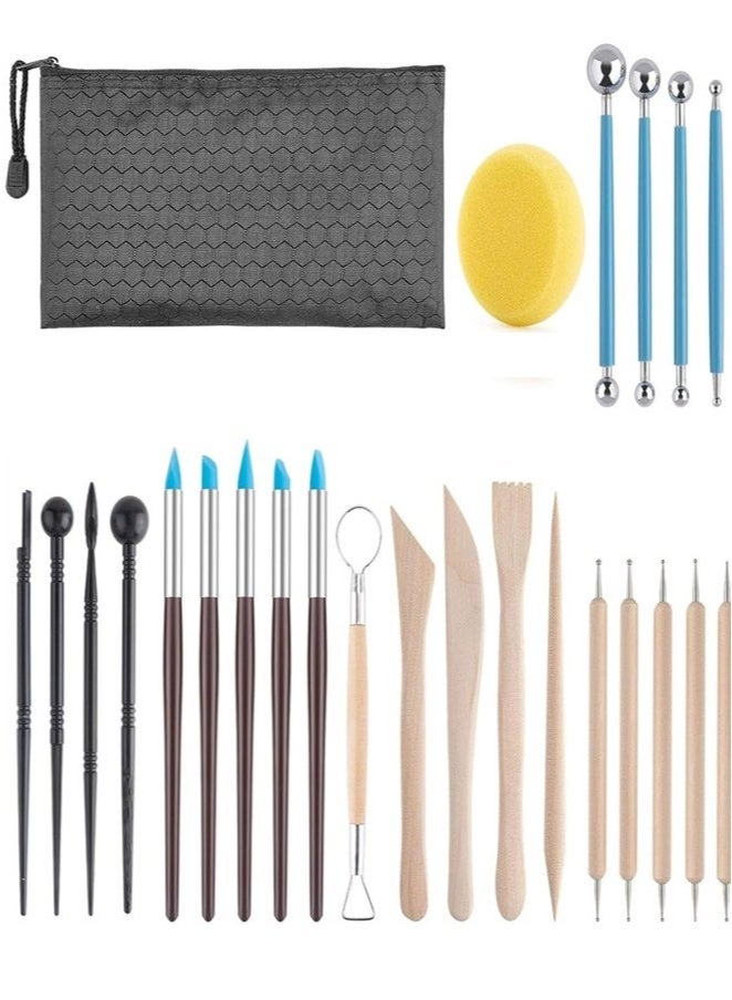 طقم أدوات نحت الطين 25 قطعة للكبار والأطفال - أدوات فخار وطين هوائي مع حقيبة - للنقش، التشكيل، التلوين، النقاط والرسم - Image 1