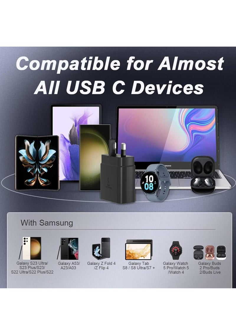 Samsung 25W Super Fast Charger with 2M USB-C to USB-C Cable – Type-C UK Wall Plug for Galaxy S24, S23 Ultra, S22, S21, A Series, and Z Flip/Fold Models