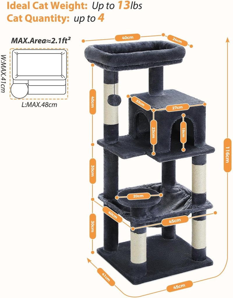 LOYAL RAIN 116 cm Tall Cat Tree for Indoor Cats, Multi-Level Cat Tower with Super Large Hammock, Sisal Covered Scratching Posts, Cozy Condo and Top Perch (Dark Grey, Medium) - Image 5