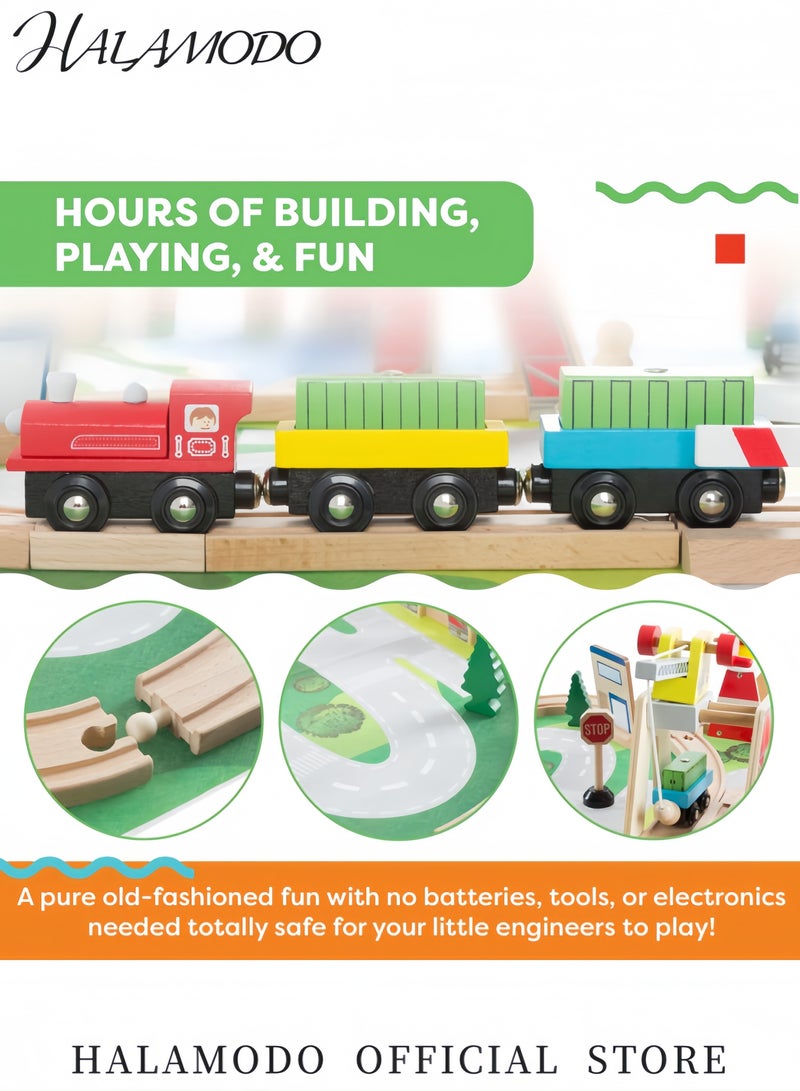 HALAMODO 40-Piece Wooden Train Set with Tracks Train Cars and Accessories for Kids Premium Wooden Railway Toys for Boys and Girls Includes Play Mat for Creative Building and Imagination - Image 3