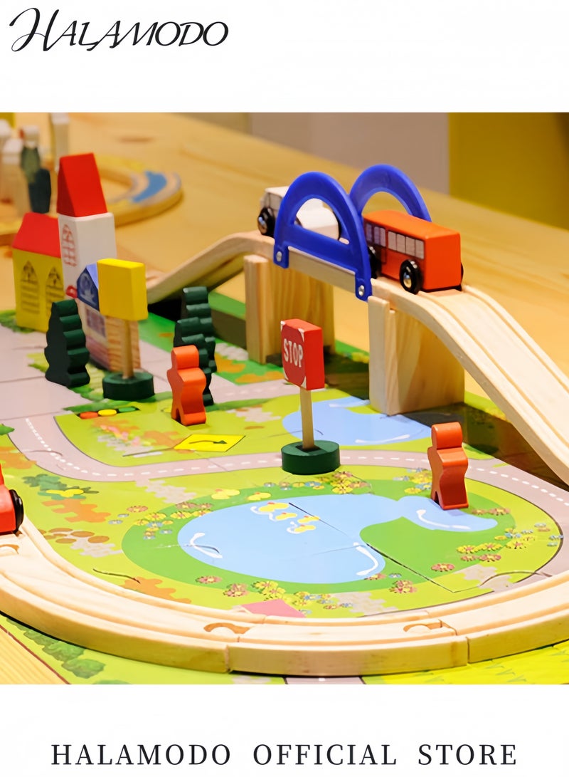 HALAMODO 40-Piece Wooden Train Set with Tracks Train Cars and Accessories for Kids Premium Wooden Railway Toys for Boys and Girls Includes Play Mat for Creative Building and Imagination - Image 5