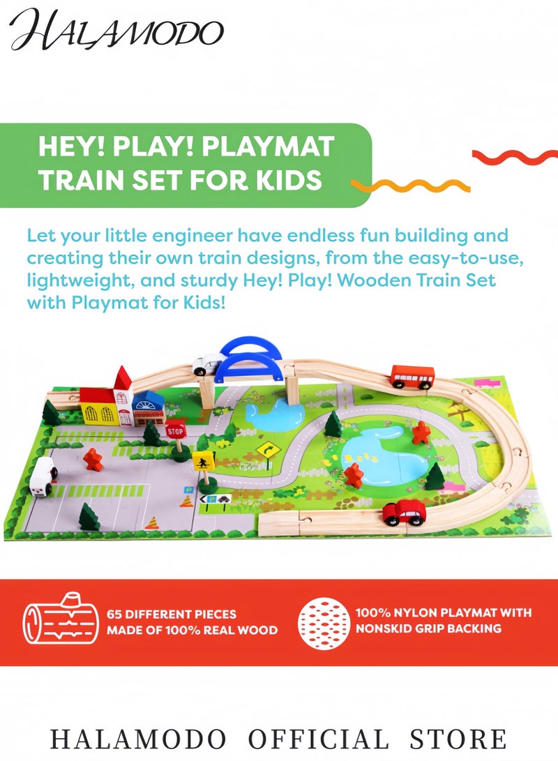HALAMODO 40-Piece Wooden Train Set with Tracks Train Cars and Accessories for Kids Premium Wooden Railway Toys for Boys and Girls Includes Play Mat for Creative Building and Imagination - Image 2