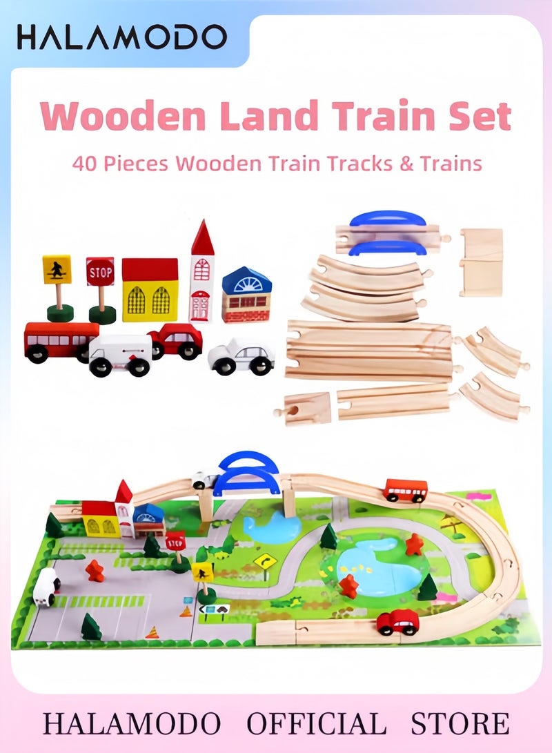 HALAMODO 40-Piece Wooden Train Set with Tracks Train Cars and Accessories for Kids Premium Wooden Railway Toys for Boys and Girls Includes Play Mat for Creative Building and Imagination - Image 1