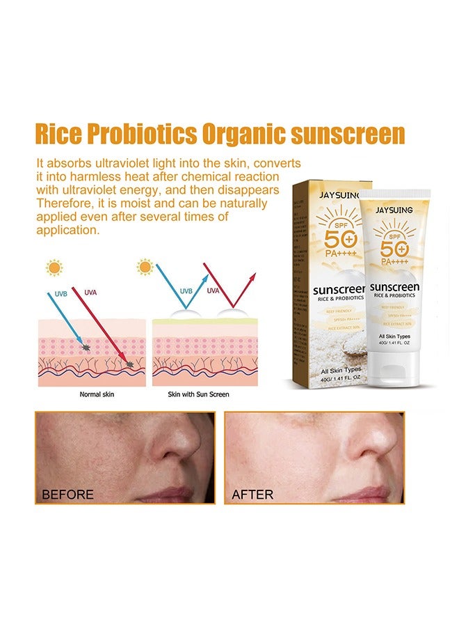 Rice & Probiotics Sunscreen SPF 50+ pa++++,Moisturizing Sunscreen Protect skin, Prevent UV Damage,Rice Probiotics Nourish & Whitening Skin 40g