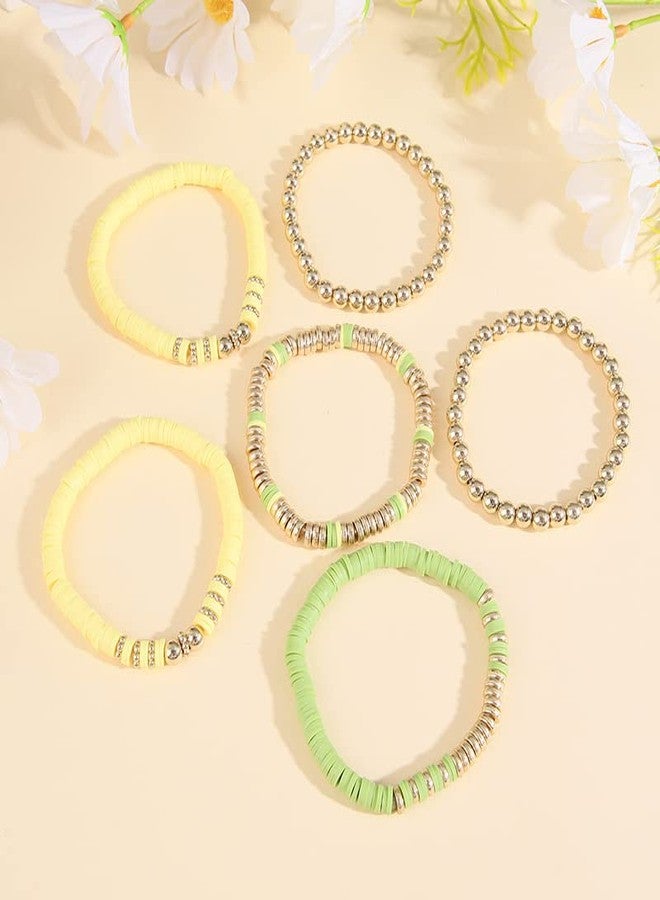 Pingyongchang Gold Beaded Bracelets Set for Women Men Bohemian Friendship Vinyl Disc Stretch Layering Stackable Bead Bracelet Summer Surfer Heishi Clay Beach Jewelry Gifts-Yellow - Image 4