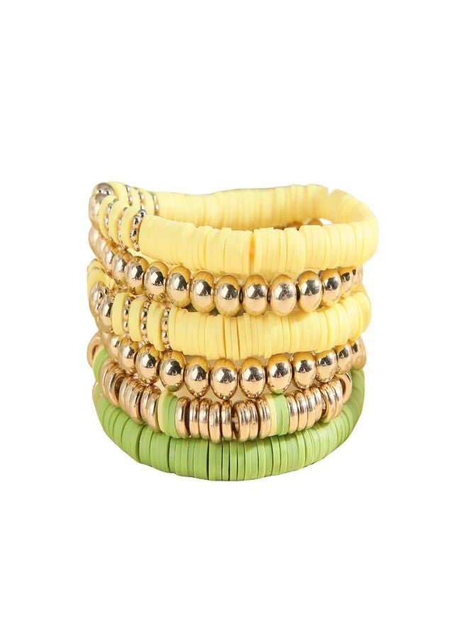 Pingyongchang Gold Beaded Bracelets Set for Women Men Bohemian Friendship Vinyl Disc Stretch Layering Stackable Bead Bracelet Summer Surfer Heishi Clay Beach Jewelry Gifts-Yellow - Image 1