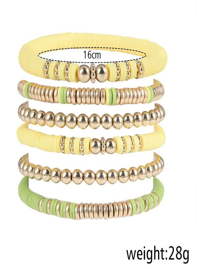 Pingyongchang Gold Beaded Bracelets Set for Women Men Bohemian Friendship Vinyl Disc Stretch Layering Stackable Bead Bracelet Summer Surfer Heishi Clay Beach Jewelry Gifts-Yellow - Image 5