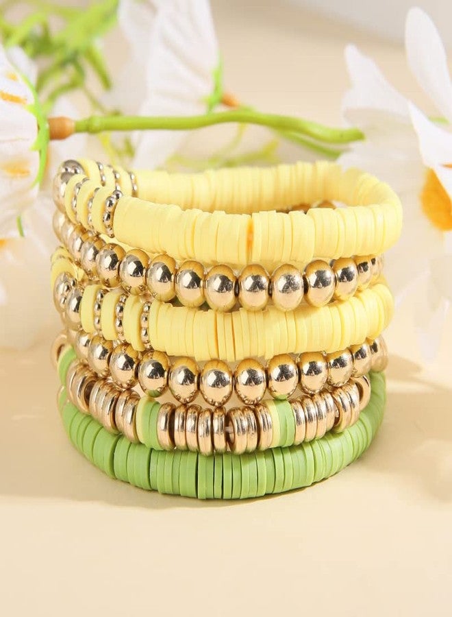 Pingyongchang Gold Beaded Bracelets Set for Women Men Bohemian Friendship Vinyl Disc Stretch Layering Stackable Bead Bracelet Summer Surfer Heishi Clay Beach Jewelry Gifts-Yellow - Image 3