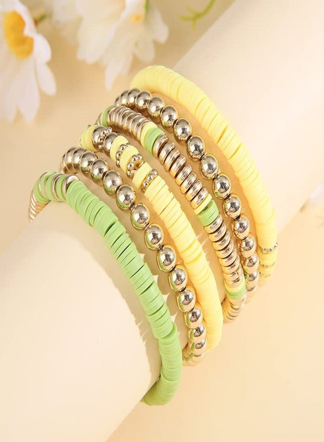 Pingyongchang Gold Beaded Bracelets Set for Women Men Bohemian Friendship Vinyl Disc Stretch Layering Stackable Bead Bracelet Summer Surfer Heishi Clay Beach Jewelry Gifts-Yellow - Image 2