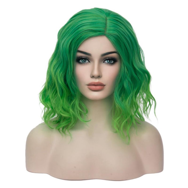 BERON Green Wigs for Women Short Curly Bob Wavy Wig Girls Ombre Green 14 Body Wave Shoulder Length Hair Wig Heat Resistant Synthetic Halloween Cosplay Daily Party Wigs