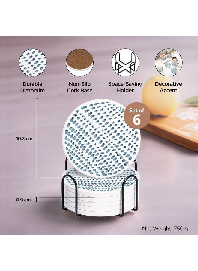 Homestic Homestic Set of 6 Diatomite Dots Print Round Coasters with Cork Steel Holder Stand for Hot Pots - Water Absorbent Tea Cup & Water Glass Cover Top Lid | White-SOV001-A  - Image 4
