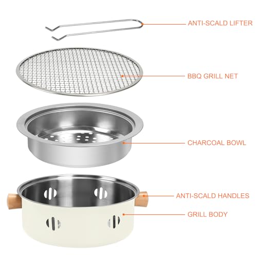 BSDLZCH Portable Charcoal Barbecue Grill, 1pc Mini BBQ Grill Multifunctional Charcoal Grill Smokeless Round Tabletop Charcoal Grill for Indoor Outdoor Cooking Home Party Picnic Camping (Beige) - Image 2