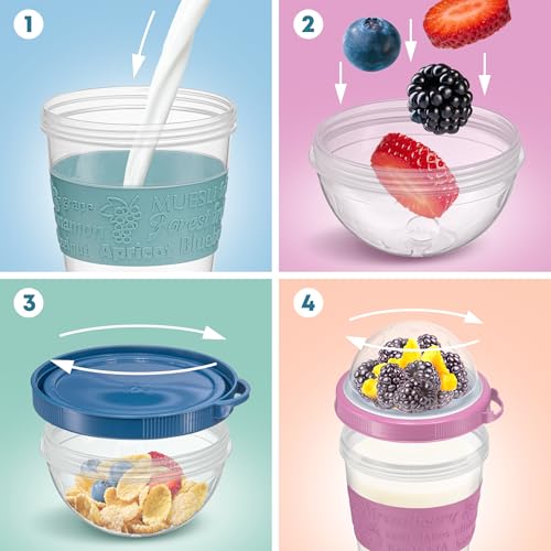 Tribello 4 Pack - On the Go Yogurt Parfait Cups with Lids, Topping Compartment & Spoon, Yogurt/Parfait Cups for Breakfast Meal Prep, Reusable Leak Proof Container - BPA Free - 20oz - Colorfull - Image 4