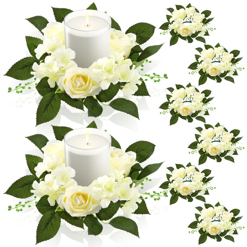 Jutom Jutom 8 Pcs Wedding Rose Candle Rings Artificial Floral Wreaths with Green Leaves White Flower Candle Rings Candleholders Garland for Wedding Pillar Centerpiece Party Table Decor 