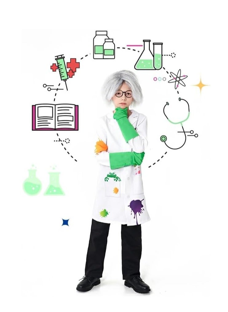 UKR UKR Kids Scientist Dressing Up & Costumes Lab Coat - Explorer Dress Up Outfit with Wig, Gloves, Bowtie & Glasses for Ages 5-8 Years (125-135 cm) | Ideal Role Play & Stage Performance Costume (Medium) - Image 2