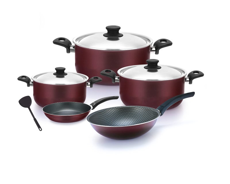 Trueval mix set 9 pieces pot 16-20-24 frying pans 16 wok fryers 24 and one piece for distributing food - Image 1