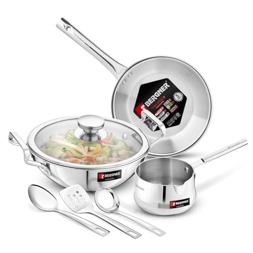 Bergner TriPro 7 Pcs Triply Stainless Steel Induction Bottom Cookware Set, 22cm (2L) Kadai, 22cm (1L) Frypan with Dome Shaped Common Glass Lid, 12cm (0.9L) Coffee Warmer, Ladle, Serving Spoon, Turner - Image 1