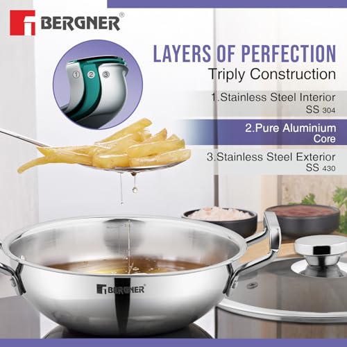 Bergner TriPro 7 Pcs Triply Stainless Steel Induction Bottom Cookware Set, 22cm (2L) Kadai, 22cm (1L) Frypan with Dome Shaped Common Glass Lid, 12cm (0.9L) Coffee Warmer, Ladle, Serving Spoon, Turner - Image 3