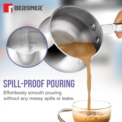Bergner TriPro 7 Pcs Triply Stainless Steel Induction Bottom Cookware Set, 22cm (2L) Kadai, 22cm (1L) Frypan with Dome Shaped Common Glass Lid, 12cm (0.9L) Coffee Warmer, Ladle, Serving Spoon, Turner - Image 5