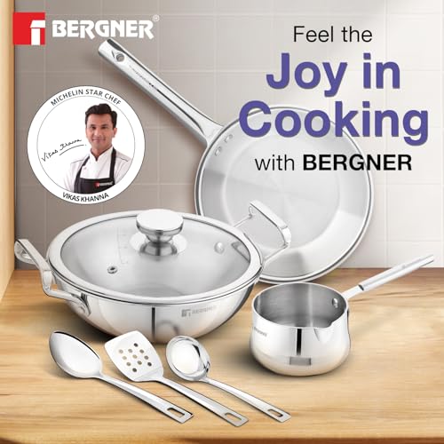 Bergner TriPro 7 Pcs Triply Stainless Steel Induction Bottom Cookware Set, 22cm (2L) Kadai, 22cm (1L) Frypan with Dome Shaped Common Glass Lid, 12cm (0.9L) Coffee Warmer, Ladle, Serving Spoon, Turner - Image 2