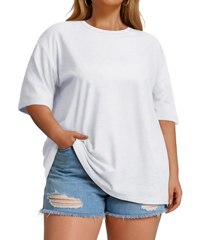 JOELLYUS Plus Size Tops Casual Oversized Tshirts for Women Loose Fit Crew Neck Blouses Summer Basic Tees(White, 3XL) - Image 3