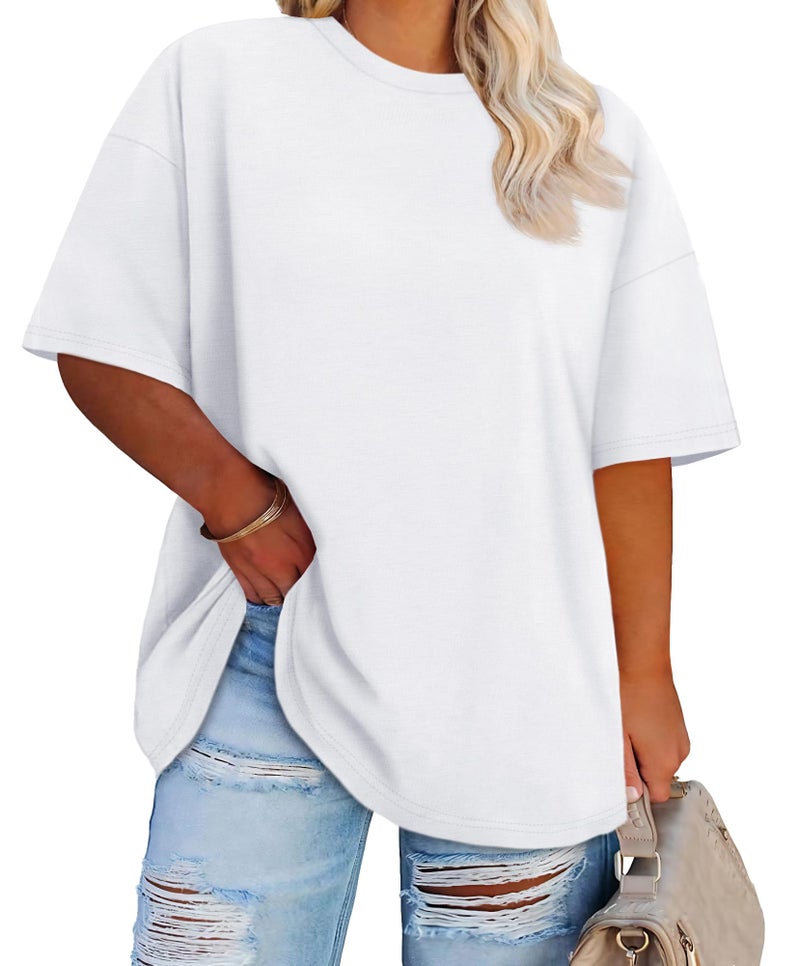 JOELLYUS Plus Size Tops Casual Oversized Tshirts for Women Loose Fit Crew Neck Blouses Summer Basic Tees(White, 3XL) - Image 1