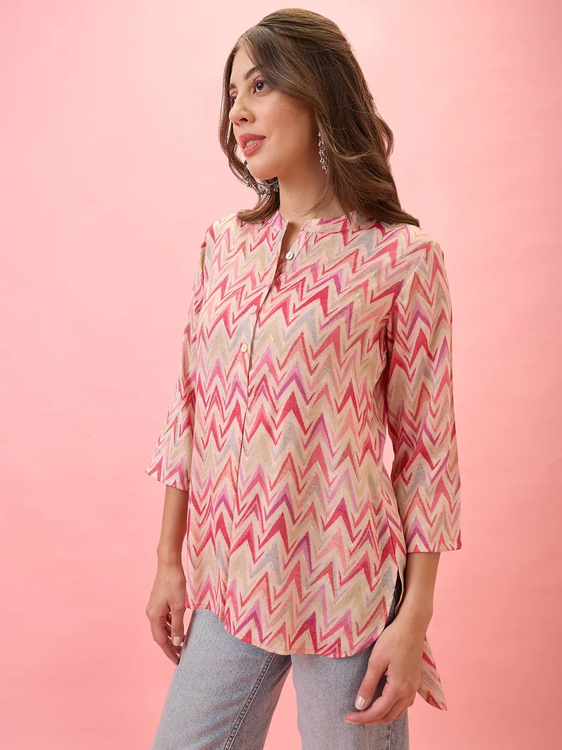 globus Globus Women Mandarin Collar Chevron Print Curved High-Low Hem Workwear Tunic