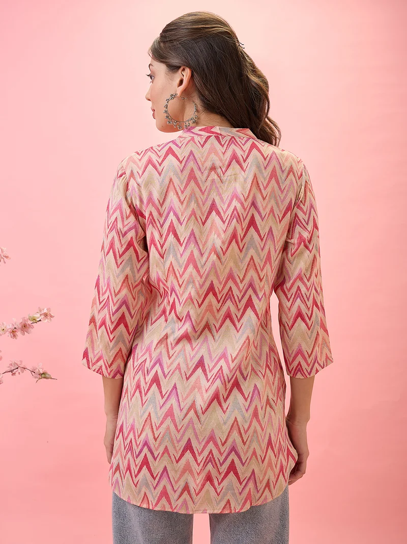 globus Globus Women Mandarin Collar Chevron Print Curved High-Low Hem Workwear Tunic